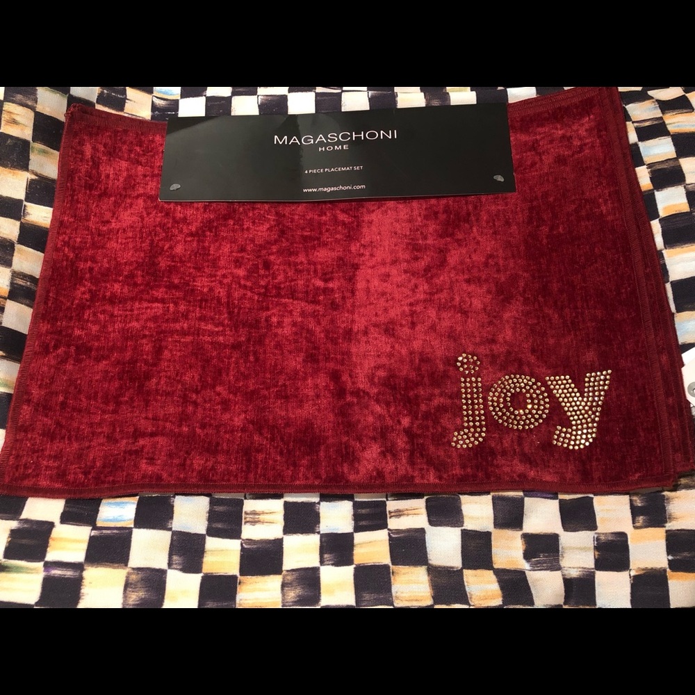 MAGASCHONI HOME burgundy Christmas table placemats. JOY